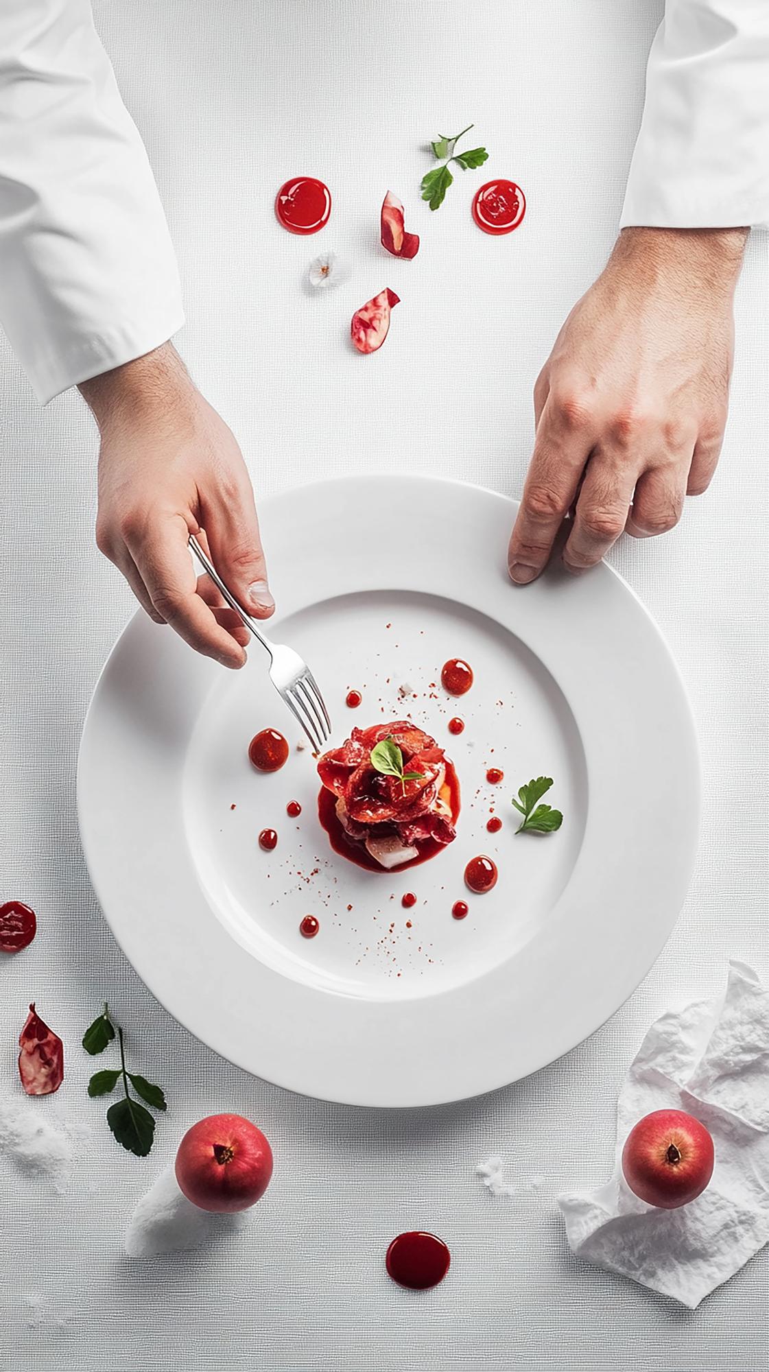 Chef elegante che prepara un piatto gourmet in cucina moderna